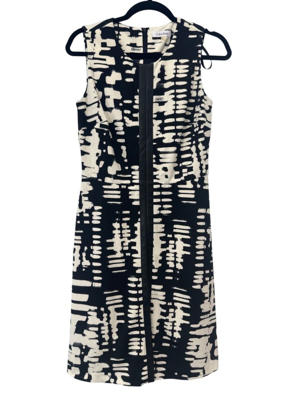 Calvin Klein Sheath Dress Size 6 Abstract Print Black White Faux Leather Trim
